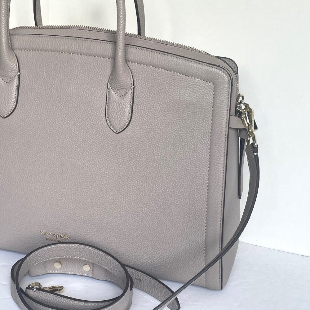 Kate Spade Knott Large Commuter Laptop Tote Taupe Leather Work Bag Womens - Picture 3 of 12